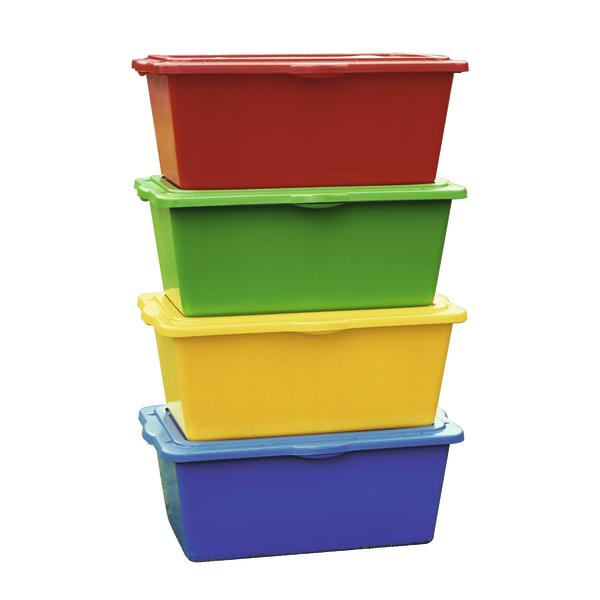 Bunte stapelbare Kunststoffboxen in Rot, Grün, Gelb und Blau für Aufbewahrung.
