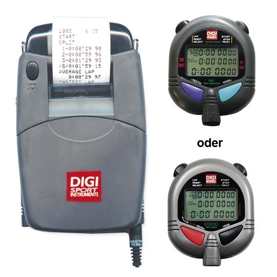 Graues DIGI Sport Instrument mit Ausdruck von Rennzeiten auf Papierrolle.