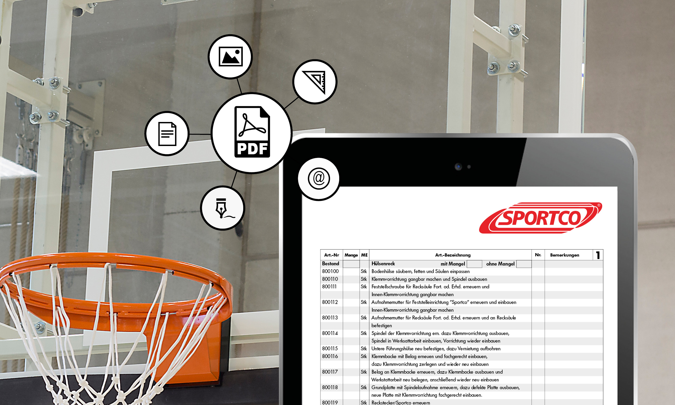 Tablet mit einer digitalen SPORTCO-Prüfliste vor einem Basketballkorb mit Glasbrett; darüber Symbole für PDF, Dokumente, Bilder und Werkzeuge.