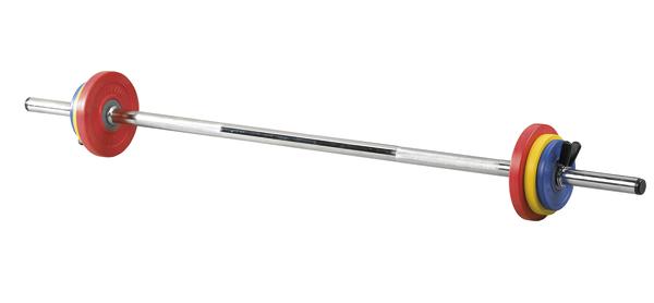 Langhantel mit bunten Gewichtsscheiben für Krafttraining und Gewichtheben.