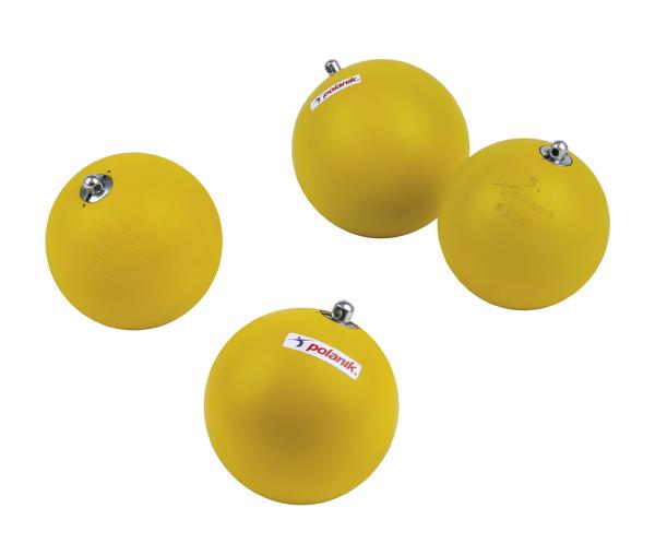 Gelbe Kugeln mit Metallösen, Sportgeräte für Wurfdisziplinen, Marke Polanik.