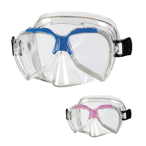 Taucherbrille mit blauem sowie pinkem Rahmen und klarem Sichtfenster, verstellbarem Gurt .