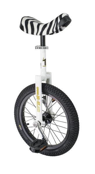 Einrad mit schwarzem Reifen und weißem Rahmen, Sattel mit Zebramuster.