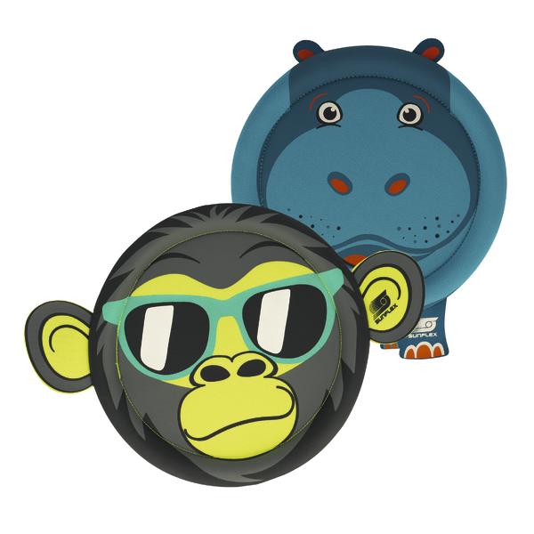 Runde Wurfscheiben in Form eines Affen mit Sonnenbrille und eines blauen Nilpferds.
