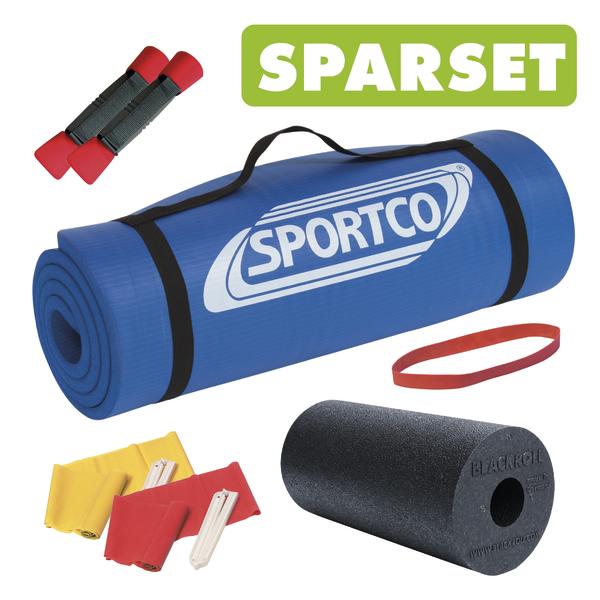 Sparset mit blauer Sportmatte, Schaumstoffrolle, Widerstandsbändern und Hanteln für Fitness.