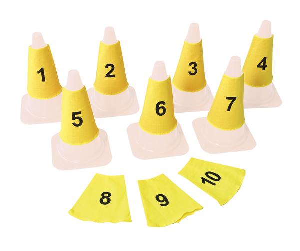 Gelbe Trainingshütchen und Markierungsbänder mit schwarzen Zahlen von 1 bis 10 für Sportübungen.