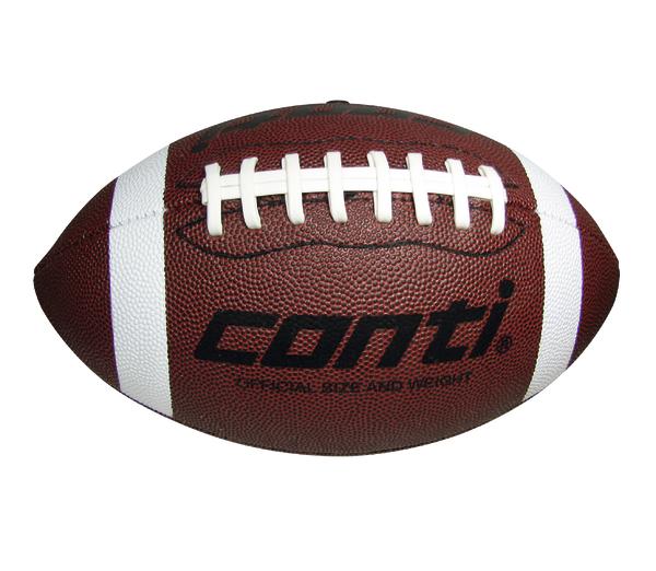 Brauner American Football mit weißen Streifen und schwarzem "conti" Logo auf weißem Hintergrund
