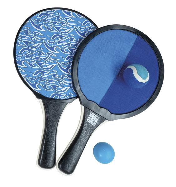 Zwei blaue Paddle-Schläger mit zwei Bällen für Strand- und Freizeitspiele.