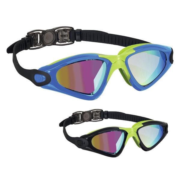 Schwimmbrillen mit verstellbarem Gurt und verspiegelten Gläsern in Blau, Grün und Schwarz.