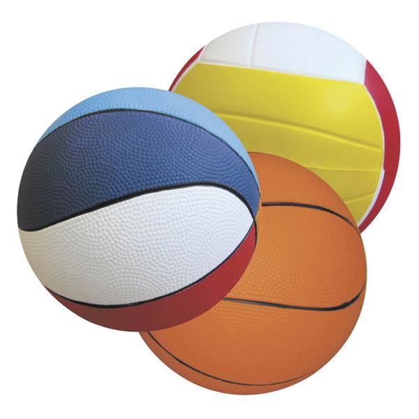 Drei bunte Sportbälle: Basketball, Volleyball und Basketball in Nahaufnahme.