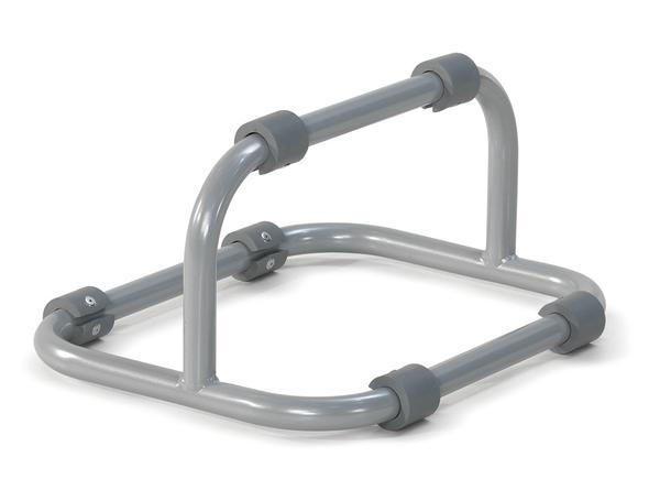 Grauer Liegestützgriff aus Metall mit rutschfesten Gummipuffern für effektives Oberkörpertraining.