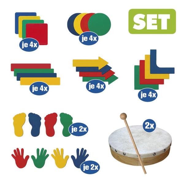 Bunte Bewegungsspiele in verschiedenen Formen, je 4 Stück mit 2 Stück Trommel.