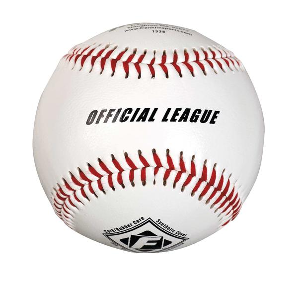 Weißer Baseball mit roten Nähten und Aufschrift "Official League" auf weißem Hintergrund.