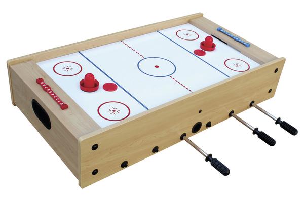 Tischhockey-Spiel aus Holz mit roten und blauen Spielfiguren und Punktezählern.