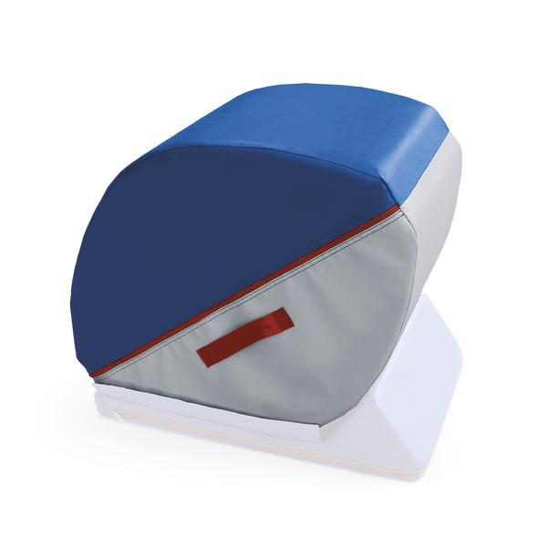 Flick-Flack-Trainer aus blauem und grauem Stoff mit rotem Griff.