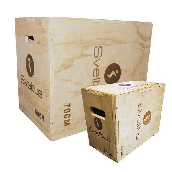Zwei Sveltus Plyo-Boxen aus Holz in unterschiedlichen Größen für Sprungtraining.