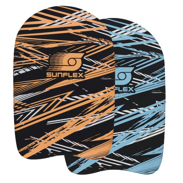 Schwimmbrett Sunflex mit orange-blauem Streifenmuster für Kinder und Erwachsene.