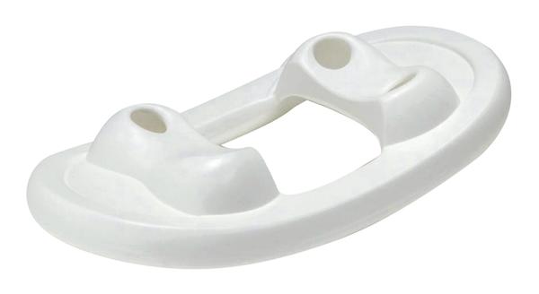 Weißer Kunststoff-Bügelgriff mit zwei Befestigungslöchern, ergonomisch geformt.