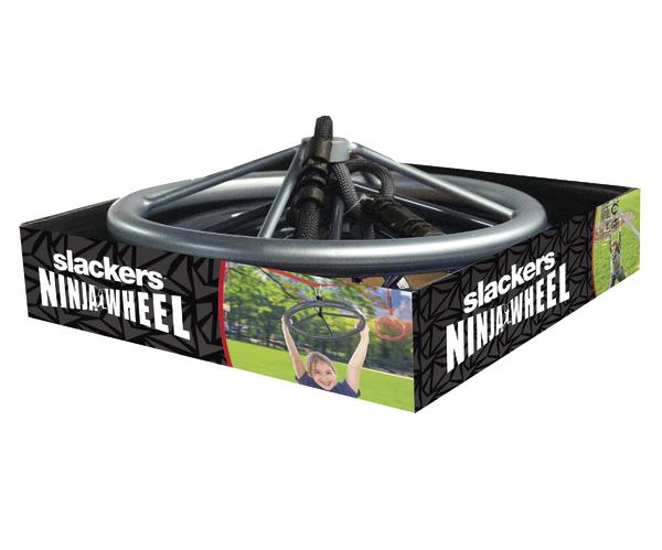 Slackers Ninja Wheel Klettergerät für Kinder, Outdoor-Spielgerät aus Metall und Seilen.