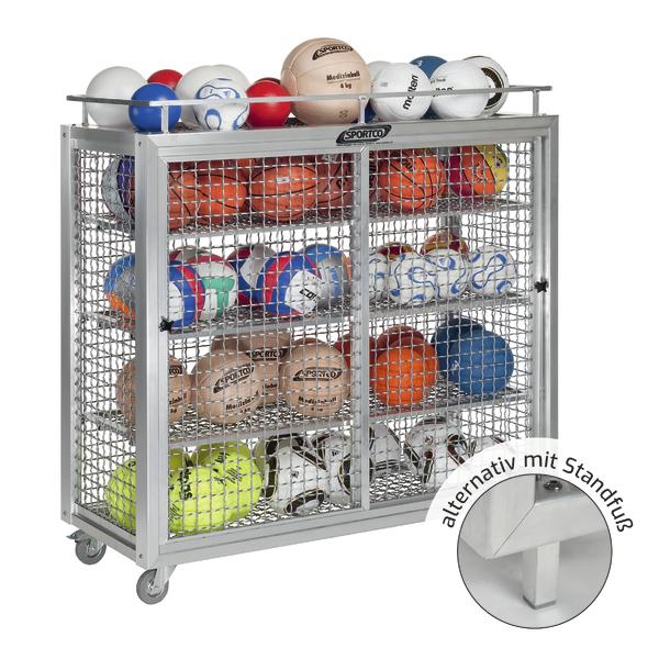 Mobiler Ballwagen aus Metall mit verschiedenen Sportbällen und Netzseiten für Sportgeräte.