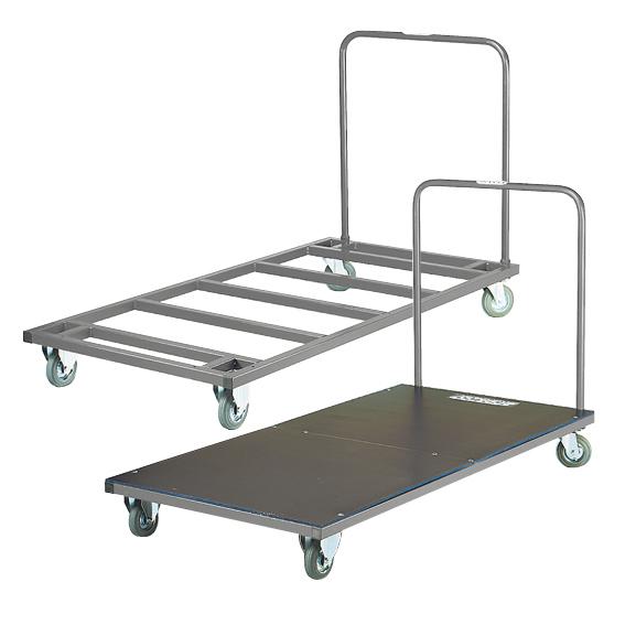 Robuster Plattformwagen mit Metallrahmen und Griff für den Transport schwerer Lasten.