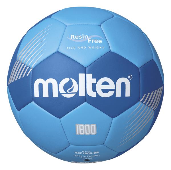Blauer Molten Handball mit weißem Logo und Schriftzug "Resin Free" auf weißem Hintergrund.