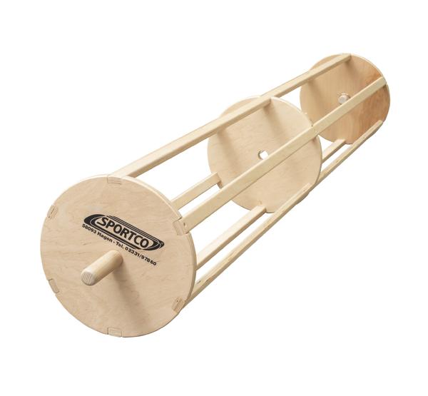 Holz-Rollgerät mit Griff und runden Scheiben, Sport- und Fitnessgerät für Balanceübungen.