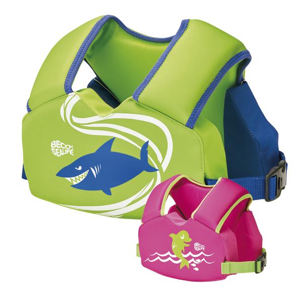 Grüne und pinke Kinder-Schwimmwesten mit Hai- und Fisch-Motiv, verstellbare Schwimmhilfe.