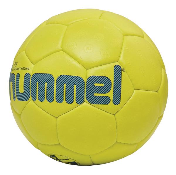 Gelber Hummel Handball mit blauem Logo auf weißem Hintergrund, Sportgerät für Handballspiel.
