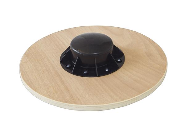 Balancierbrett aus Holz mit schwarzer Kunststoffhalterung für Gleichgewichtstraining.