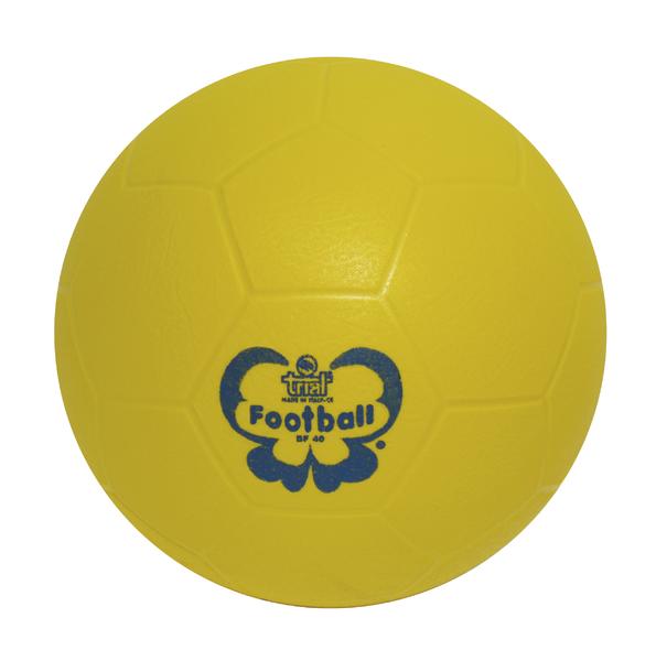 Gelber Fußball mit blauem Logo und Schriftzug "Football" auf weißem Hintergrund.
