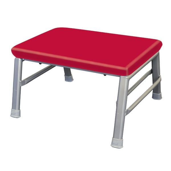 Roter Tritthocker mit Metallgestell und rutschfesten Gummifüßen, stabil und kompakt.