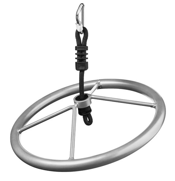 Robuster Edelstahl-Ring mit Karabiner und Seilaufhängung für Outdoor-Schaukeln.