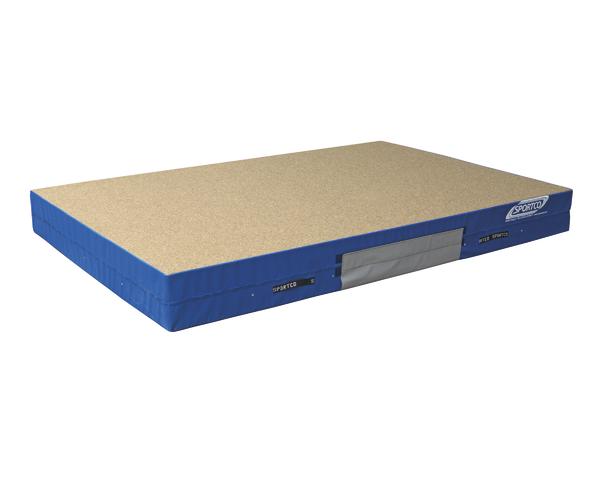 Hochsprungmatte mit blauer Umrandung und beiger Sprungfläche für Sport und Training.