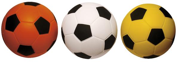 Orangefarbener, weißer und roter Fußball mit schwarzen Fünfecken auf weißem Hintergrund