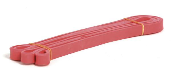 Rotes Fitnessband aus Latex für Krafttraining und Widerstandsübungen, flach und lang.