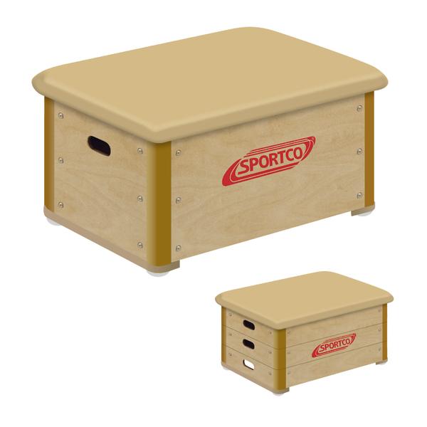 Sportco Sprungkasten aus Holz mit gepolsterter Oberfläche für Turnübungen.