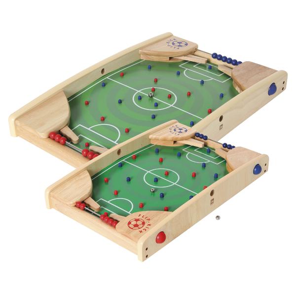 Holz Tischfußballspiel mit roten und blauen Spielfiguren, grünem Spielfeld und zwei Toren.