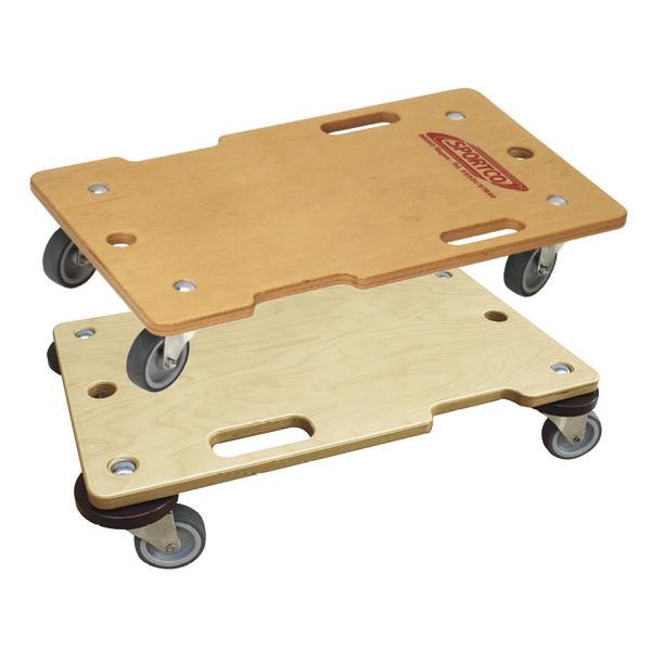 Zwei rollbare Transportbretter aus Holz mit Griffen und vier Lenkrollen.