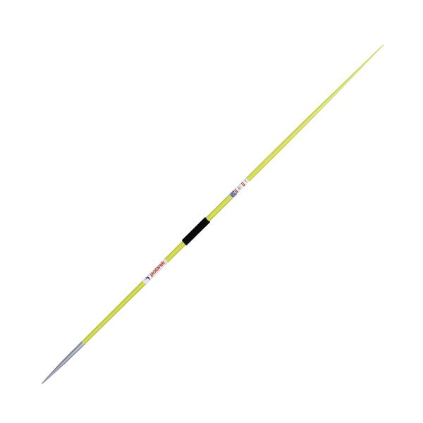 Leichtgewichtiger Speer mit gelbem Schaft und Metallspitze für Speerwurf im Sport.