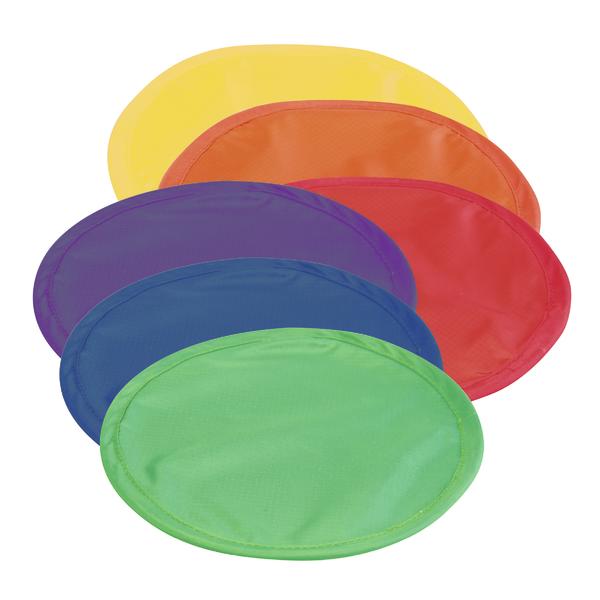 Bunte, flache Wurfscheiben aus Stoff in Gelb, Orange, Rot, Lila, Blau und Grün.