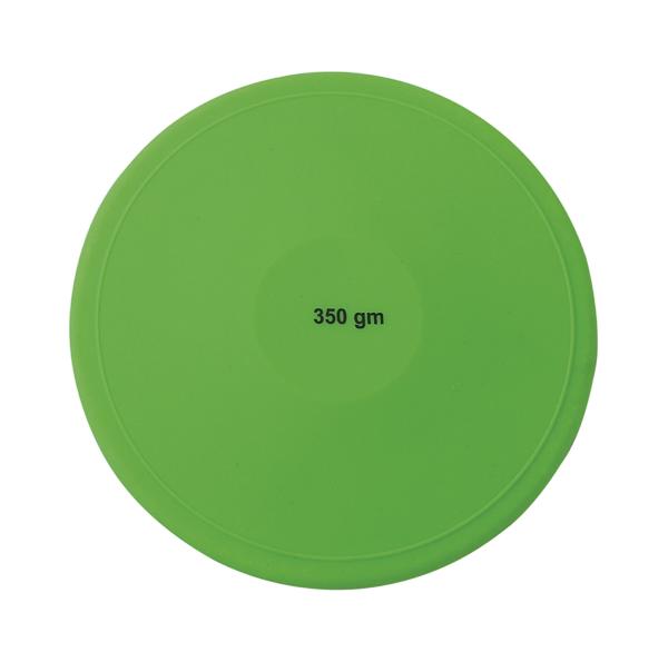 Grüne Wurfscheibe mit Gewicht 350 Gramm, Sport- und Freizeitgerät.