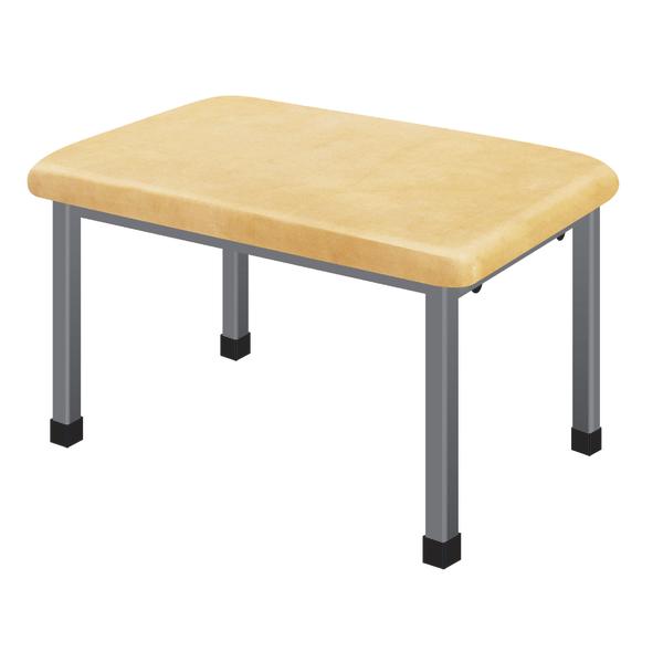 Beiger gepolsterter Sprunghocker mit grauen Metallbeinen, rechteckig und stabil.