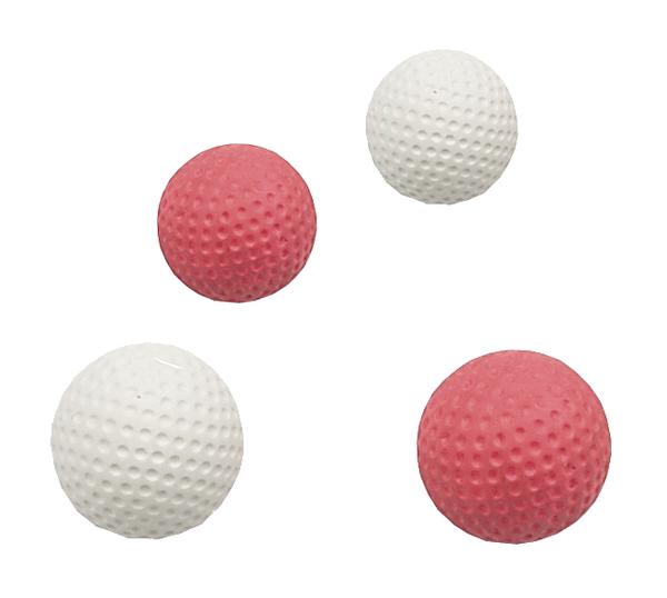 Vier Minigolf-Bälle in bunte Farben, 2 in weiß und 2 in Rosa.