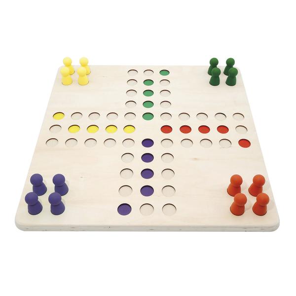 Holzspielbrett mit bunten Spielfiguren für das klassische Mensch-ärgere-dich-nicht-Spiel.