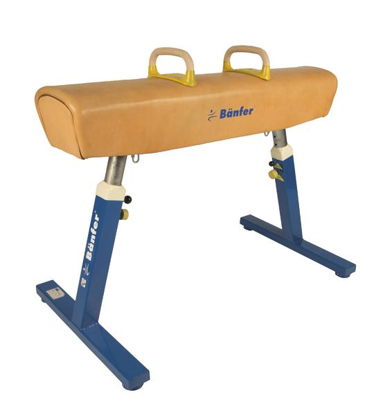 Turngerät Bänfer Sprungbock mit Lederbezug und blauer Metallbasis für Gymnastik.