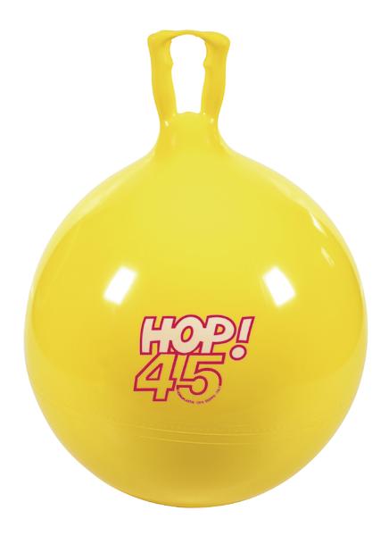 Gelber Hüpfball mit Griffen und Aufdruck "HOP! 45" für Kinder-Spiel und Fitness.
