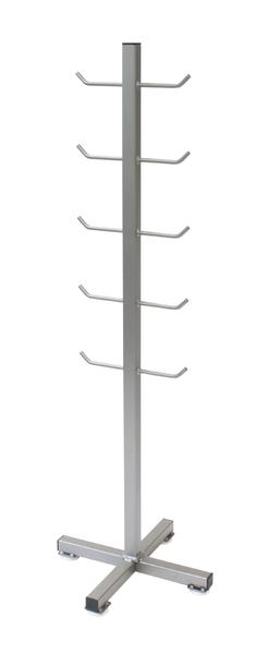 Metallständer mit acht Haken, freistehend, für Jacken oder Taschen, silberfarben.