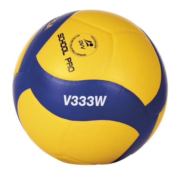 Gelb-blauer Volleyball mit Aufdruck "SCHOOL PRO V333W" und DVV-Logo, Sportgerät für Volleyballspiele.