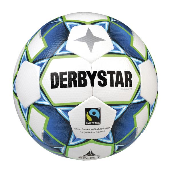Fairtrade zertifizierter Derbystar Fußball mit blau-grünem Design und Sternmuster.